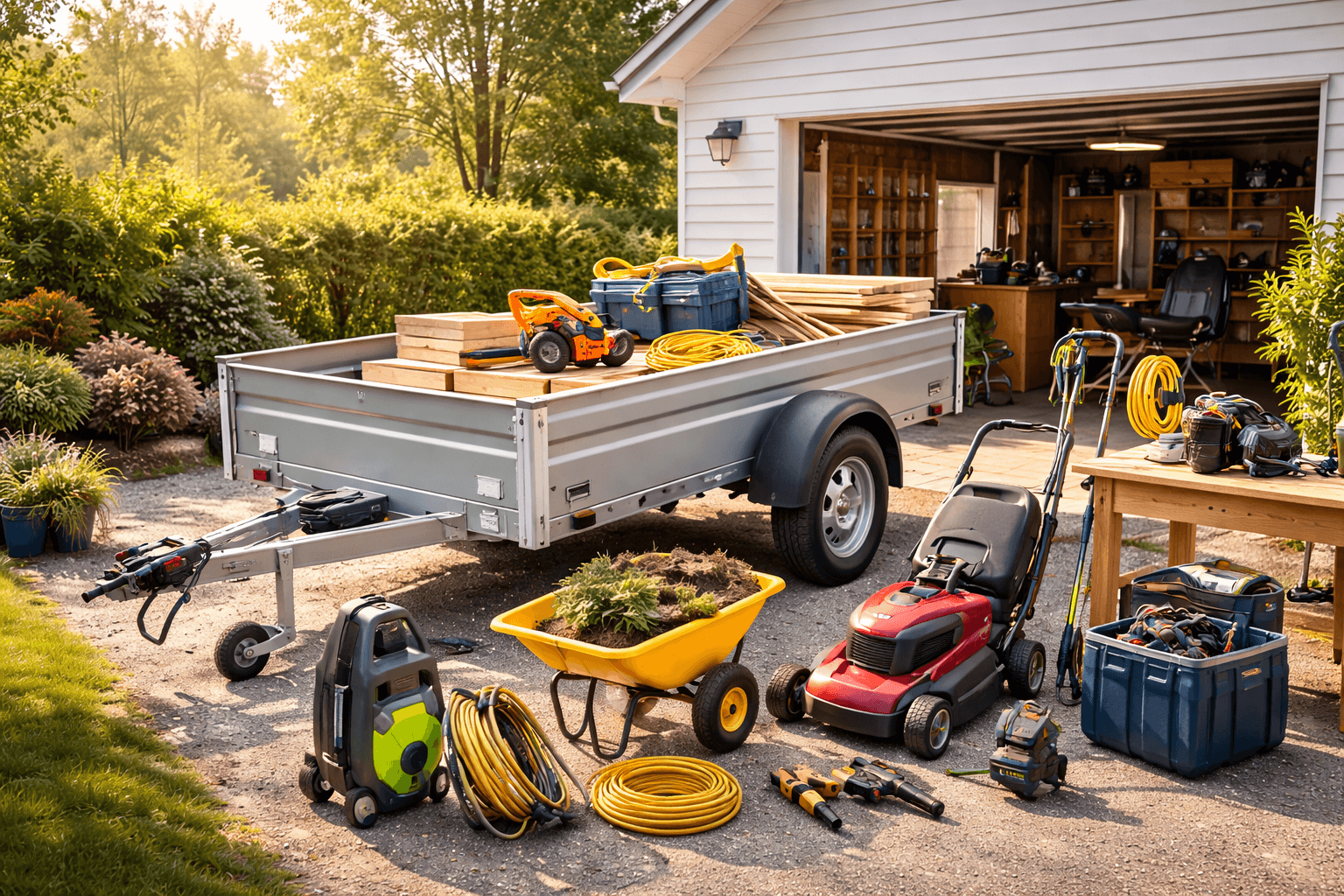 Outils et équipements disponibles sur la plateforme - remorque, outils de jardinage, matériel de bricolage